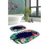 Napolihome Dijital Yıkanabilir Renkli Flamingo Desenli Oval Banyo Paspası Klozet Takımı,Lacivert 60 X 100