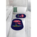 Napolihome Dijital Yıkanabilir Sade Flamingo Desenli Oval Banyo Paspası Klozet Takımı,Lacivert 60 X 100