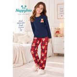 Nappyboo Kız Çocuk Ayıcık Nakışlı Uzun Kollu %100 Pamuklu Pijama Takımı Lacivert Kırmızı Ekose