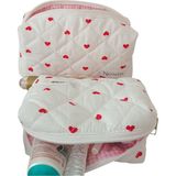 Nartella Love Heart 2’li Kalp Desenli Kapitone Makyaj Çantası Seti – Büyük ve Küçük Boy, Yıkanabilir, Hediye Için Özel - Pembe - Beyaz