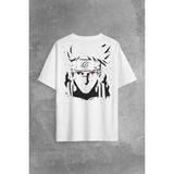 Naruto Kakashi Anime Dizi Sırt Ön Baskılı Oversize Tişört T-Shirt - Beyaz