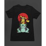 Naruto Pikachu Balbazar Bulbasaur Anime Kızgın Ninja Japanese Unisex Tişört T-Shirt - Siyah
