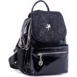 Nas Bag Kadın Sırt Çantası Çift Gözlü Spor Çanta ( 23X26X14 cm ) Siyah Gümüş Krsk Rugan - Siyah - Gümüş