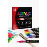 NaSaDAN 12 Renk Akrilik Brush Marker Kalem Seti – Fırça Uçlu Su Bazlı Akrilik Boya Kalemi Marker ”Cam Ahşap Seramik Kumaş ve Kağıt İçin
