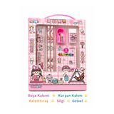 NaSaDAN Pembe Sevimli Desenli 5 Parça Kırtasiye Seti – Boya Kalemi, Kurşun Kalem, Kalemtıraş, Silgi ve Cetvel