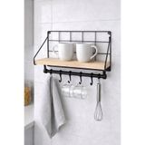 NASYONEL TOYS Ahşap Raflı Metal Duvar Askısı | 5 Kancalı | Mutfak & Banyo Organizer Raf