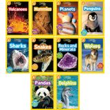 National Geographic Kids Readers Level 2 Series, Collection Set of 10 Books. Volcanoes, Mummies, Planets, Penguins, Sharks, Snakes, Rocks and Minerals, Wolves, Pandas, Dolphins