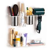NatldGs Saç aleti düzenleyici, duvara monte, 2'li set, akrilik saç kurutma makinesi tutucu, banyo makyaj düzenleyici, saç maşası, sıcak aletler, fön makinesi ve makyaj ürünleri için saklama