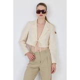 Natural Keten Görünümlü %100 Pamuk Bağlama Detaylı Crop Blazer Ceket 7070