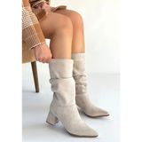 Natural Shoes Titen Bej Süet Körüklü Topuklu Çizme