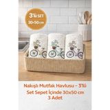 Naturel Collection Hasır Sepette Nakışlı 3'lü Çeyizlik Hediyelik 30x50 Mutfak Havlu Seti