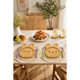 NATUREL DEKOR Bambu Ahşap 2'li Mutlu-Kaygılı Tavşan Mama Ek Gıda, Çocuk Sunum Yemek Tabağı 20x20 cm, Mutfak, Sunum