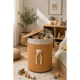 Naturel Dekor Bambu Peluş Ayıcık Detaylı Silindir Kirli Çamaşır Sepeti, Oyuncak Sepeti 35X60 Cm, Katlanabilir Bebek, Çocuk, Bohem, Modern - 35 x 60 cm