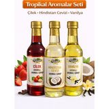 Naturello Tropikal Şurup Seti 3'lü 300 ml (Çilek, Hindistan Cevizi ve Vanilya Aromalı) - Kahve Şurubu