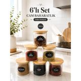 Naturelove 12'li Çizgili Cam Baharatlık Seti - Etiket Hediyeli Ahşap Kapaklı Organizer Baharat Saklama Kabı Çerezlik 350ML