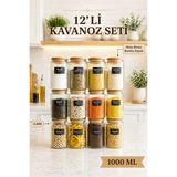 naturelove 12'li Etiketli Cam Kavanoz Seti – Bambu Hava Almaz Vakum Kapaklı Çizgili Erzak Bakliyat Saklama Kabı 12 x 1 L