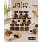 naturelove 12'li Etiketli Çizgili Cam Kavanoz Baharatlık Seti – Plastik Contalı Hava Almaz Kapaklı Baharatlık Saklama Kabı 12 x 500 ml