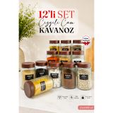 naturelove 12'li Etiketli Çizgili Cam Kavanoz Seti – Plastik Contalı Hava Almaz Kapaklı Erzak Bakliyat Saklama Kabı 12 x 1 L