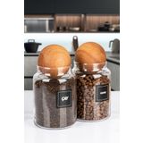 naturelove 2'li Ahşap Top Kapaklı Çay ve Kahve Kavanozu Saklama kabı Cam 1000 ML