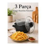 naturelove 3 Parça Emaye Kızartma Tenceresi - 26 cm Fritöz - Süzgeç Aparatlı Patates & Sebze Kızartma Tenceresi