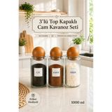 Naturelove 3'lü 1000 ml Ahşap Top Kapaklı Cam Kavanoz Seti Çerezlik Baharatlık Mantar Top Kapaklı Saklama Kabı
