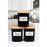 naturelove 3'lü Ahşap Vakumlu Kapaklı Kare Akrilik Tea Sugar Coffee Erzak Saklama Kabı 900 ML