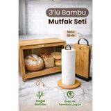 naturelove 3'lü Bambu Mutfak Seti - Tezgah Üstü Düzenleyici Ekmeklik Metal Standlı Kesim Panosu Kağıt Havluluk