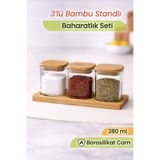 naturelove 3’lü Bambu Standlı Baharatlık Seti - Hava Almaz Kapaklı Borosilikat Kare Cam Baharat Saklama Kabı