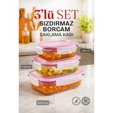 Naturelove 3'lü Dikdörtgen Sızdırmaz Kapaklı Kase Cam Saklama Kabı Buzdolabı Düzenleyici Fırın Kabı Borcam