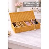 Naturelove 4 Bölmeli Kapaklı Hasır Düzenleyici Kutu - Rattan Örgü Banyo Makyaj Kozmetik Aksesuar Organizeri