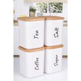 Naturelove 4'lü Ahşap Vakum Kapaklı Saklama Kabı Seti Ingilizce Çay Şeker Kahve Tuz Akrilik Kavanoz 900 ml