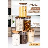 naturelove 6’lı Etiketli Cam Kavanoz Seti – Büyük Bambu Vakum Kapak Çizgili Erzak Un Bakliyat Saklama Kabı 1,5L