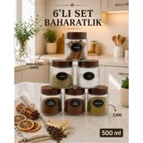 naturelove 6'lı Etiketli Çizgili Cam Kavanoz Baharatlık Seti – Plastik Contalı Hava Almaz Kapaklı Baharatlık Saklama Kabı 6 x 500 ml