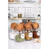 Naturelove 6'lı Mantar Top Ahşap Kapaklı Baharatlık Seti Baharat Etiketli Cam Kavanoz Seti Saklama Kabı 300 ml
