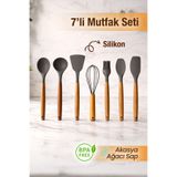 naturelove 7'li Servis Seti - Akasya Saplı Isıya Dayanıklı Silikon Kaşık Kepçe Spatula Çırpıcı Mutfak Gereçleri