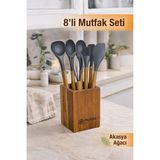 naturelove 8 Parça Mutfak Seti – Akasya Saplı Silikon Kepçe & Spatula & Çırpıcı Seti - Tezgah Üstü Kaşıklık Gri