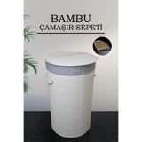 naturelove Bambu Katlanabilir Çamaşır Sepeti - Yuvarlak Banyo Kirli Sepeti Çok Amaçlı Düzenleyici 35x60cm Beyaz
