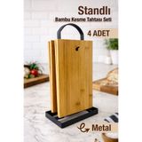 naturelove Bambu & Metal Standlı 4’lü Kesme Tahtası Seti - Peynir Servis Sunum Tepsi Et Sebze Doğrama Tahtası