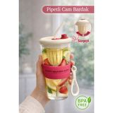 Naturelove Pipetli Borosilikat Cam Pipetli Bardak - Taşıma Kulplu Süzgeçli Tasarım Meşrubat Detoks Bardağı Krem - Şeffaf