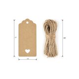 naturevo 100 Adet Kraft Hediye Etiketi 20 Metre jüt ip İle Birlikte Kalp Desenli
