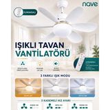 Nave NV-TV10 IŞIKLI TAVAN VANTILATORU 6 KANAT, 3 IŞIK MODU, 3 HIZ AYARI, 40W, 52CM - Beyaz