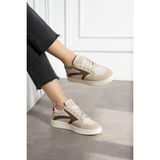 Navi Shoes Kadın Sneaker Spor Ayakkabı Bej Renk Suni Deri Düz Taban Bağcıklı Model 121NAV