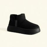 Navi Shoes Kadın Süet Kalın Topuklu Kısa Bot Bağcıksız Rahat Tasarım Siyah