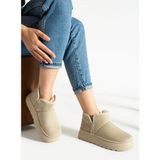 Navi Shoes Kadın Süet Kalın Topuklu Kürklü Bot Bağcıksız Rahat Kullanım - Bej