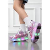 NAVİSHOES Pembe Çocuk Tekerlekli Işıklı Otomatik Bağcıklı Spor Ayakkabı | Paten Kaykay Sneaker AL01NAV
