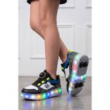 NAVİSHOES Siyah Çocuk Tekerlekli Işıklı Otomatik Bağcıklı Spor Ayakkabı | Paten Kaykay Sneaker 9625NAV