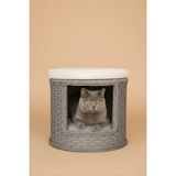 Navruz Metal El Işçiliği Premium Rattan Kedi Evi ve Puf - Pati Dostu Yıkanabilir Alüminyum Lüks Kedi Yatağı - Gri-Krem