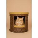 Navruz Metal El Işçiliği Premium Rattan Kedi Evi ve Puf - Pati Dostu Yıkanabilir Alüminyum Lüks Kedi Yatağı - Kahverengi - Hardal