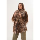 Navy Midi Boy Uzun Tüylü Kemerli Leopar Şal Yaka Kaban - L - XL - Kahverengi