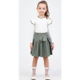 NayStyle Fırfır ve Pile Detaylı Şık Kombin: Melina Kids Kız Çocuk Beyaz Fırfırlı Fitilli Bluz ve Haki Deri Görünümlü Pileli Etek Takımı (Yandan Fiyonklu) - 5 Yaş - Yeşil